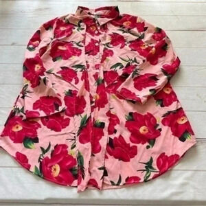 Rose Gal Flower Roll Tab Sleeve Curved Hem Knotted Blouse - Pink - 1x US…